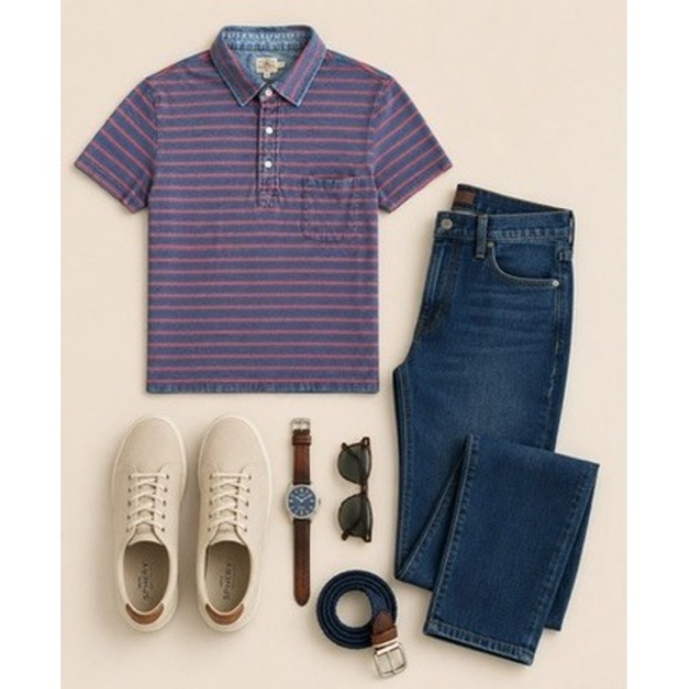 Faherty Brand Men's Blue Red Striped Short Sleeve Slub Polo Shirt Size Large